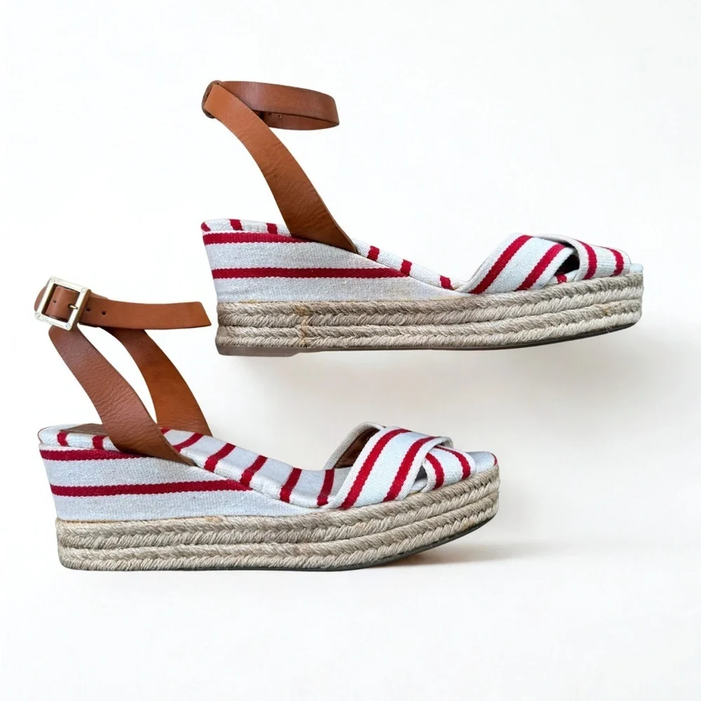 Pre❤️ TORY BURCH Striped Canvas Espadrille Wedge Sandals - Size 10